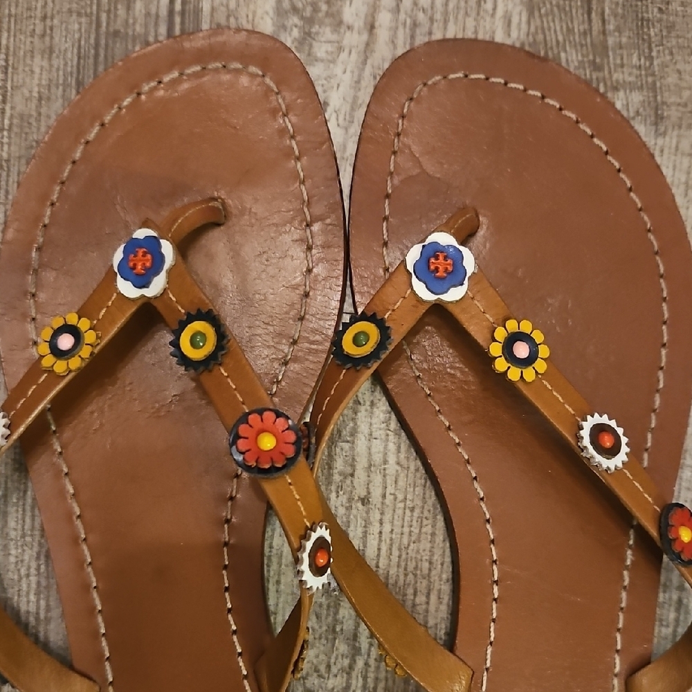 Tory Burch Brown and Red Sandals with Metallic Embellishments - Picture 4 of 4